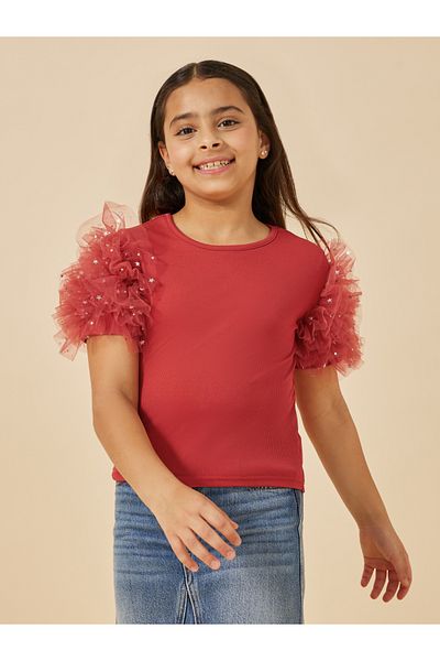 Styli Textured Rib Mesh Puff Sleeve Round Neck Top