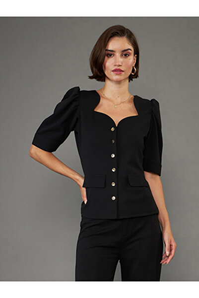 Sassafras By Styli Solid Sweetheart Neck Button Closure Top with Puff Sleeves