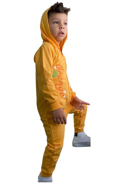 Riccotarz Orange Baby Boy Jumpsuit with Orange Text and Printed Front Zipper and Hooded