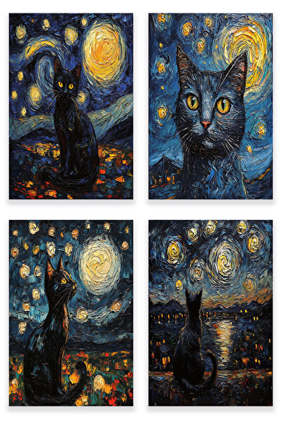 qoeuyl boutique Starry Night Cats Van Gogh Σετ με θέμα 4 No:1 Retro Vintage 1...