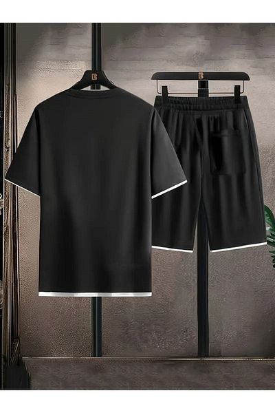 Machetta Men's Large Size New Season 100% Cotton White Detailed T-Shirt Shorts Set