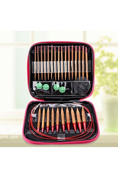 OZN AKSESUAR çantalı şiş seti, ahşap görünümlü şiş seti, örgü kiti misinalı fuşya çantalı