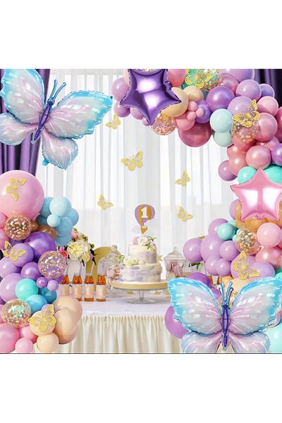 Çemrek Süs Parti Pink Lila Gold Sequin Transparent Balloon Balloon Chain Set Including 103 Butterfly and Star Foil Balloons