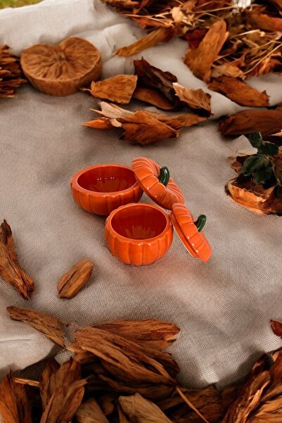 Yuva Concept Set of 2 Decorative Pumpkin with Lid Small Size - Medium Size Sugar Bowl - Turkish Delight Bowl - Spice Bowl - Presentation Bowl - Orange
