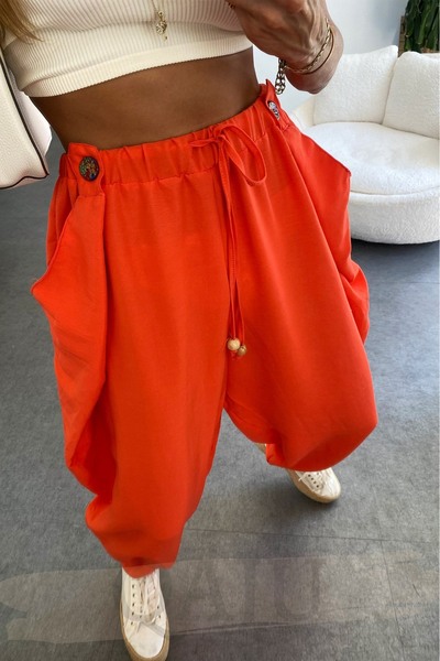 Qaju Women's Elastic Waist Design Pocket Pomegranate Flower Shalwar Trousers