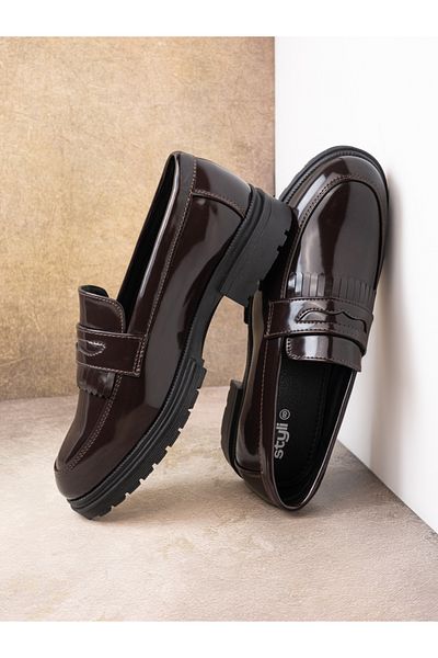 Styli Faux Leather Slip On Frill Embellished Loafers