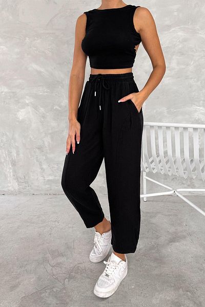 İstangül Butik Cotton Muslin Fabric Balloon Trousers with Leg Cuffs