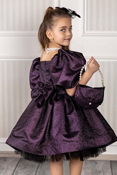 Riccotarz Girl's Balloon Sleeve Purple Evening Dress with Shiny Glitter Puffy Skirt