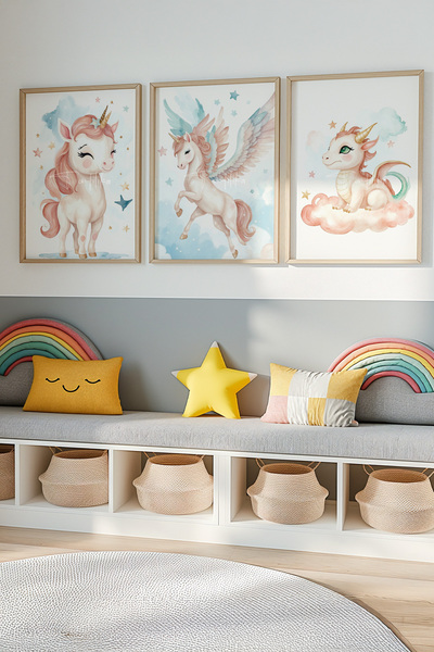 Tontilika Bebek ve Çocuk Odası Unicorn ve Ejderha Tema Ahşap Çerçeveli 3'lü T...