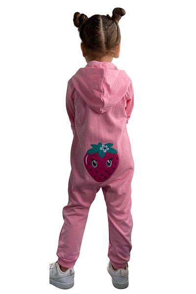 Riccotarz Strawberry Text and Printed Front Zippered Hooded Pink Jumpsuit for Baby Girl