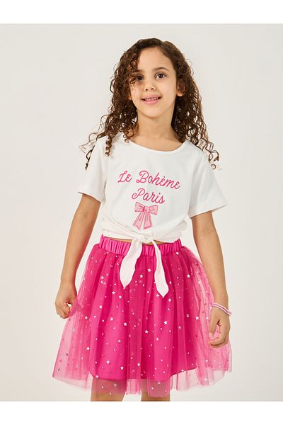 Styli Graphic Print Tie-Up Top and Star Mesh Skirt Set