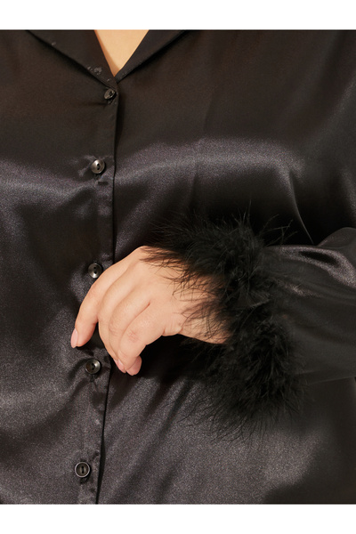 Styli Plus Size Satin Faux Feather Trim Shirt and Pyjama Pants Set