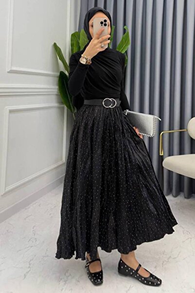 ahsen fashion Kırışık Taşlı Saten Etek