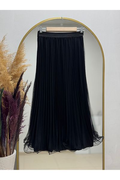 Ebrar Store Zümra Pleated Tulle Flounce Skirt-Mt2587 Black