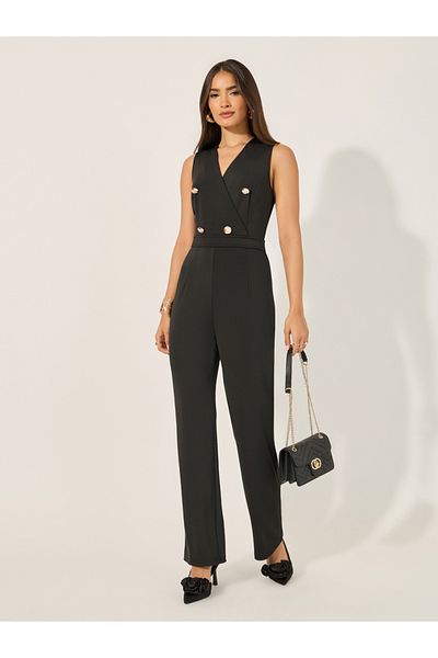 Styli double breasted look tailored wide leg fit jumpsuit in stretchy knit fabric and gold coat buttons