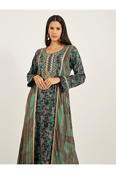 Maxim Creation By Styli Printed Embroidered Round Neck A-Line Jalabiya