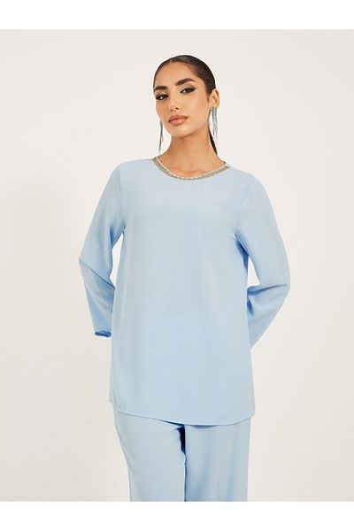 Styli 3/4th sleeve length long top with gold lace trims and wide leg pants modest set
