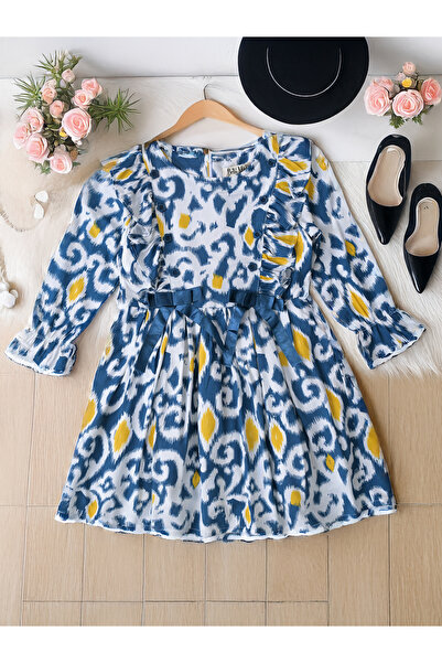 Bella Moda By Styli فستان بطبعة كاملة مع فيونكة وأكمام طويلة