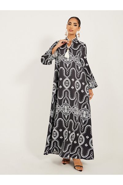 Styli digital print satnd collar jalabiya with lace and tassel trim at neck
