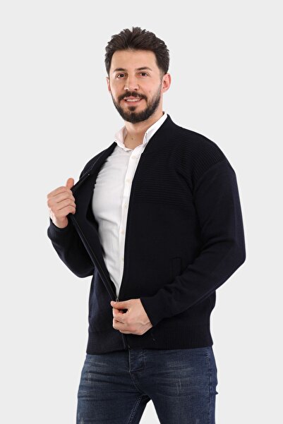 HEDEFNUR TEKSTİL Чоловічий синій светр з капюшоном, трикотажний, акриловий, з кишенями та блискавкою