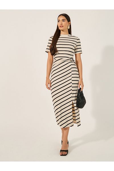 Luxewave By Styli Stripe Regular Fit Midi Dress with Side Slit