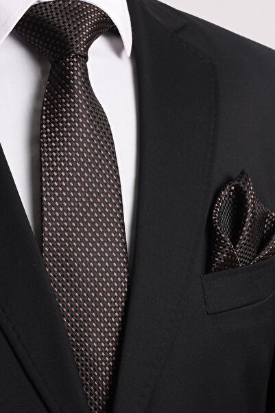 Esgue Χειροποίητο Σετ δώρου καφέ μαύρη γραβάτα & μαντήλι & μανικετόκουμπα