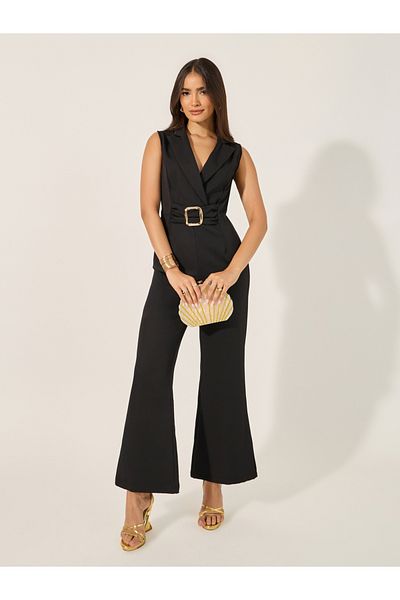 Styli non stretch fabric sleeveless wide leg fit jumpsuit with collar and lapel and gold belt buckle