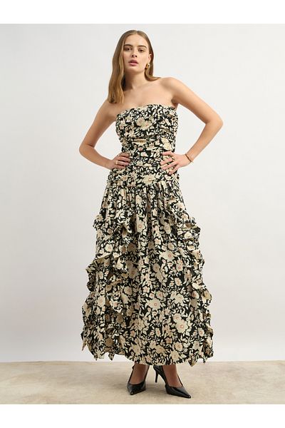 Styli Floral Print Strapless A-Line Maxi Dress