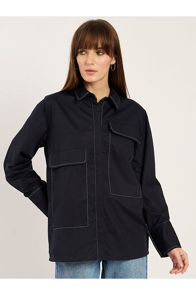 Femmella By Styli Stitch Detail Spread Collar Shirt with Pockets