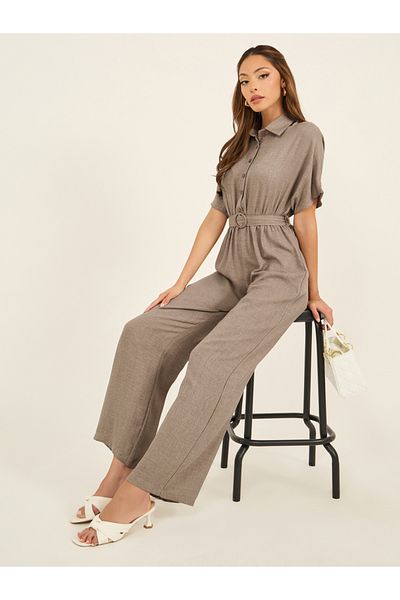 Styli shirt collar short sleeve jumpsuit with straight legged fit