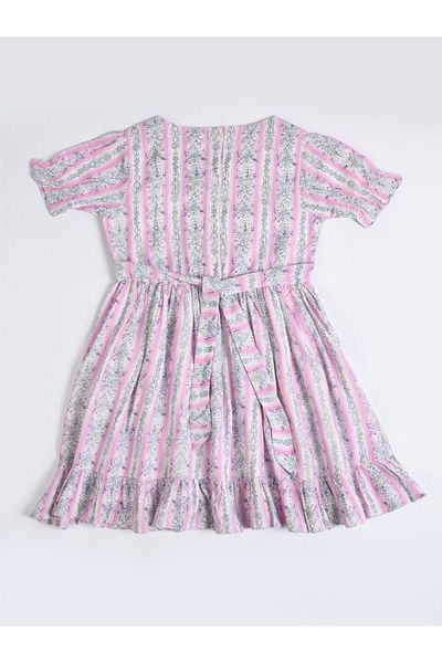 Bella Moda By Styli All-Over Print Round Neck Bow Details Dress