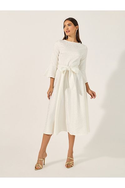 Styli Boat Neck Waist Tie-Up A-Line Midi Dress with 3/4th Sleeves