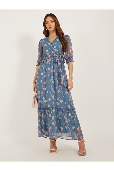Styli Floral Print Puff Sleeves A-Line Maxi Dress