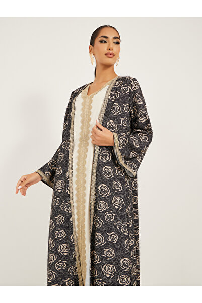 Styli Front Open Abaya With All Over Foil Print And Lace Detail