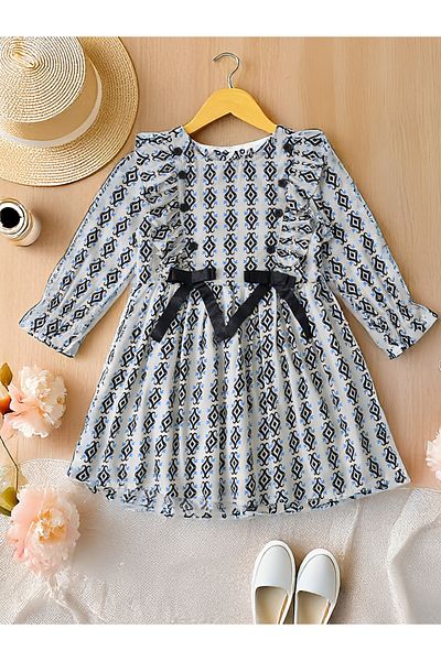 Bella Moda By Styli All-Over Print Bow Detail Dress with Long Sleeves