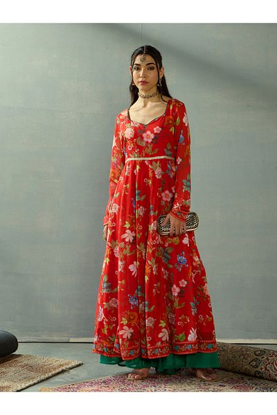 Sassafras By Styli Floral Print Sweetheart Neck Anarkali Kurta