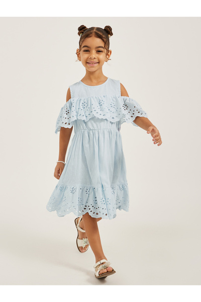 Styli Cold Shoulder Sleeve Schiffli Dress