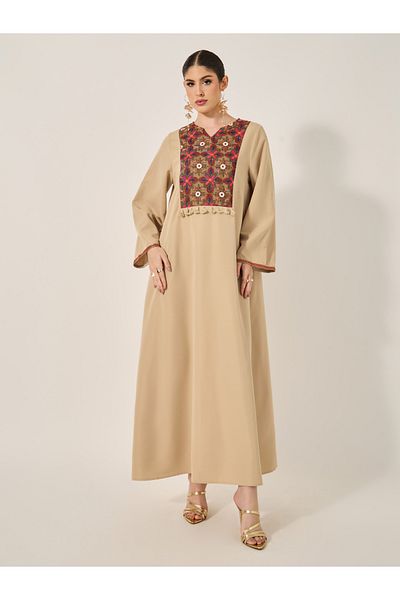 Styli Embroidery Notch Neck Tassels Detail A-Line Jalabiya
