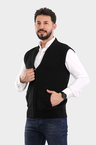 HEDEFNUR TEKSTİL Men's Steel Knitted Knitted Zippered Vest with Pocket Dad Vest