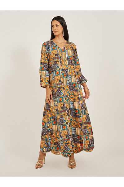 Maxim Creation By Styli Abstract Print V-Neck A-Line Jalabiya