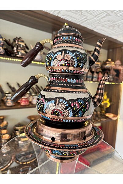 Home Erzincan Işlemeli Gerçek Bakır Osmanlı Ocaklı - Balkon Sefalı Çaydanlık - Demlik Seti 6 Kişilik