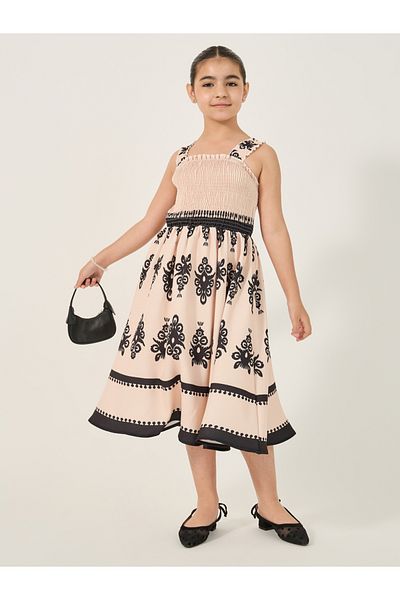 Styli All-Over Print Strappy Dress with Smocked Detail