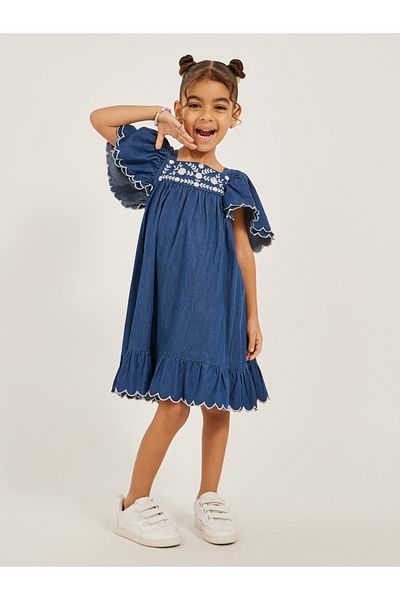 Styli Embroidered Frill Sleeve Square Neck Denim Dress