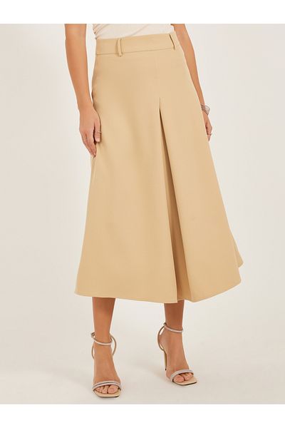 Styli Pleated A-Line Midi Skirt with Belt Loop Detail