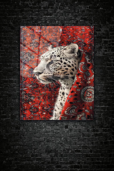 z zizuph Kırmızı Kilim İçinde Leopar,  4 mm Temperli Kırılmaz Cam Tablo