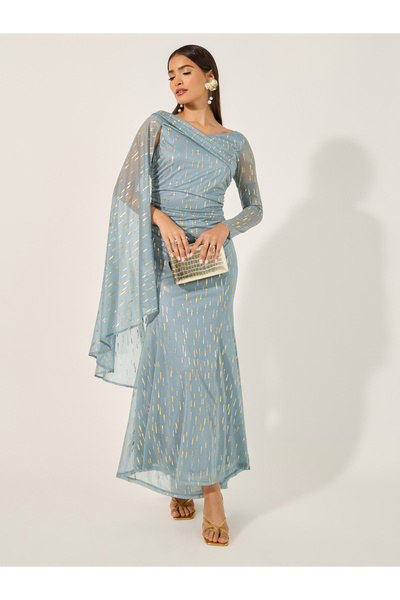 Styli تصميم ذاتي بكتف واحد، فستان كيب ماكسي