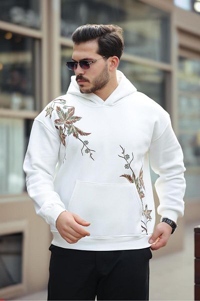 Miron White Leaf Embroidered Three Thread Oversize Sweatshirt- 2458