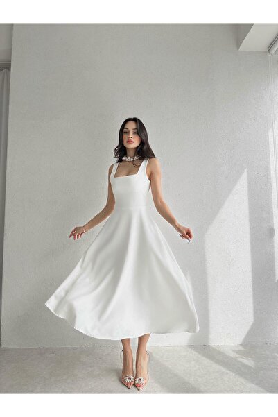 bayansepeti Kadın Atlas Kumaş Kare Yaka Beyaz Kloş Midi Abiye Elbise 151