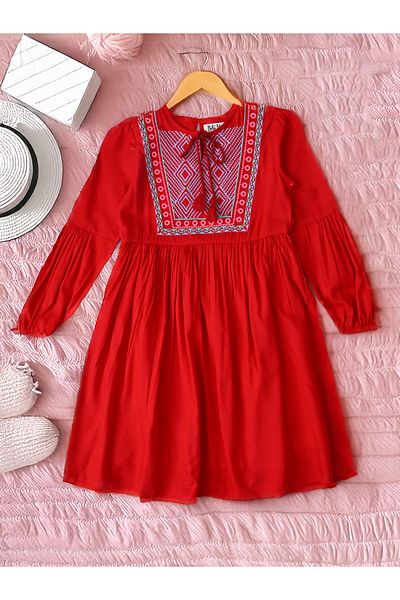 Bella Moda By Styli Chest Print Tie Up Neck Dress with Long Sleeves