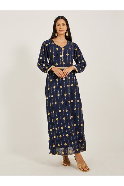Maxim Creation By Styli Embroidered V-Neck A-Line Kaftan with Belt